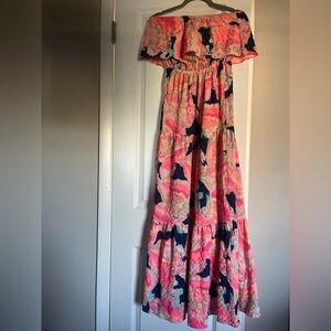 Lilly Pulitzer Vibrant Pink and Navy Off-Shoulder Maxi Dress